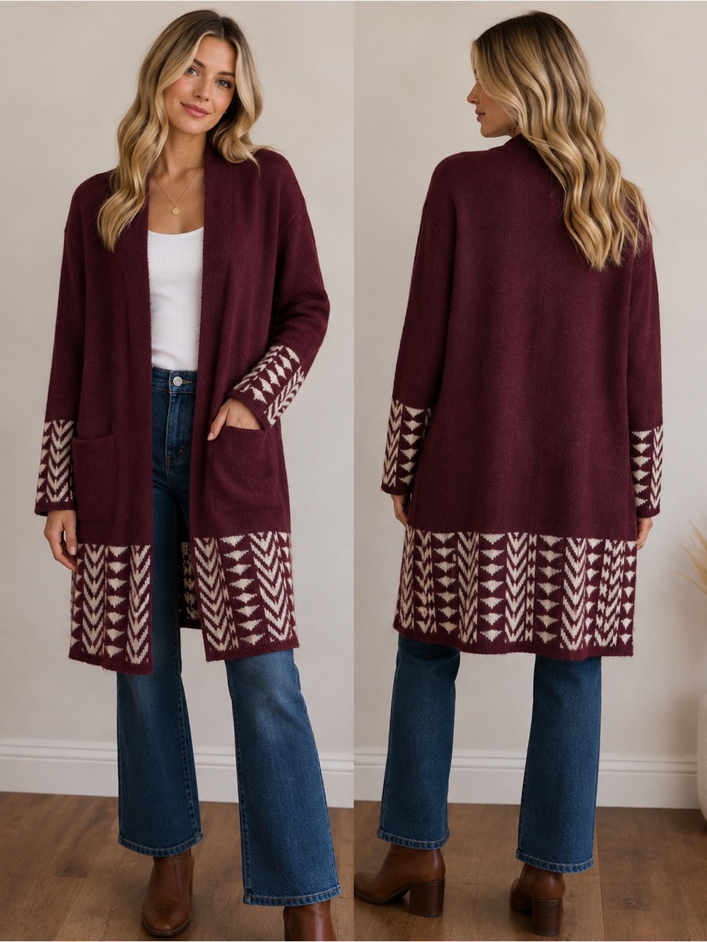 Frye Cozy Cardigan Oxblood Southwestern Geometric Western Duster Boho Chic XL